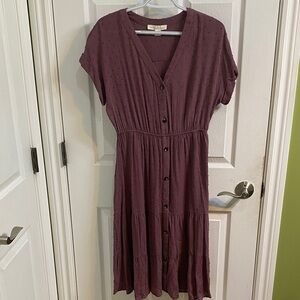 Monteau Dark Mauve Tiered Midi Short Sleeve Dress Women’s Size Large Spring